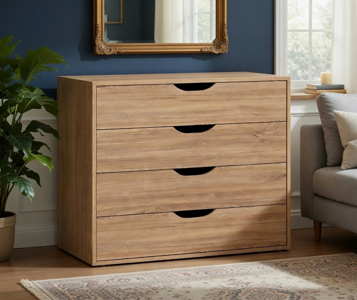 Eiken 4-Laden Kast – Moderne Slaapkamer Ladekast met Softclose, Diepgetrokken MDF Fronten en Mat Zwarte Afwerking – Ideale Opbergoplossing voor Kleding en Accessoires Novihome