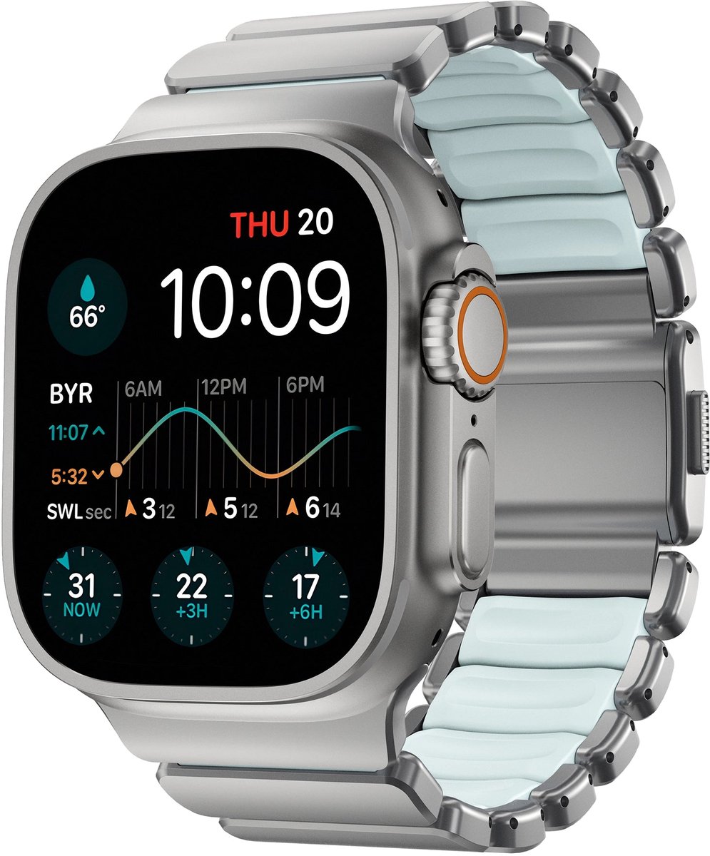 Nomad Stratos Horlogeband Natural Hardware 45/46/49mm – Titanium Hardware van Klasse 4 – Krasbestendige DLC-Coating – Compatibel met Apple Watch Ultra 1-3, Series 1-11, en SE - Blauw