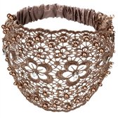 Bruine kanten haarband dames – elastische haarband met parels en steentjes – boho haar accessoire met bloemenpatroon voor feest, festival of dagelijks gebruik