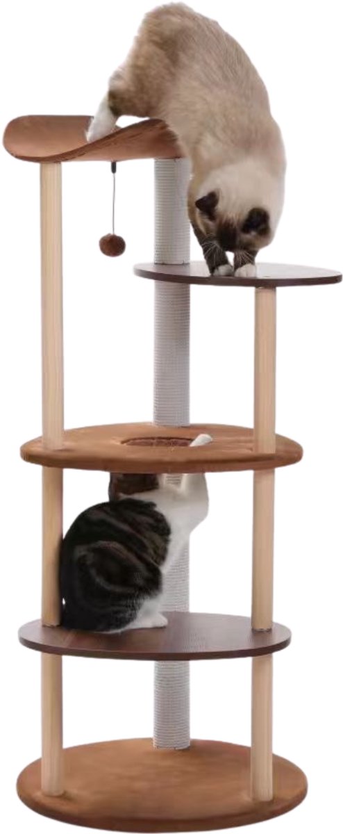 EcoPawPaw Houten Krabpaal voor Katten – Design Kattenboom met Ligmand, Krabpaal en Speelbal – 125 cm