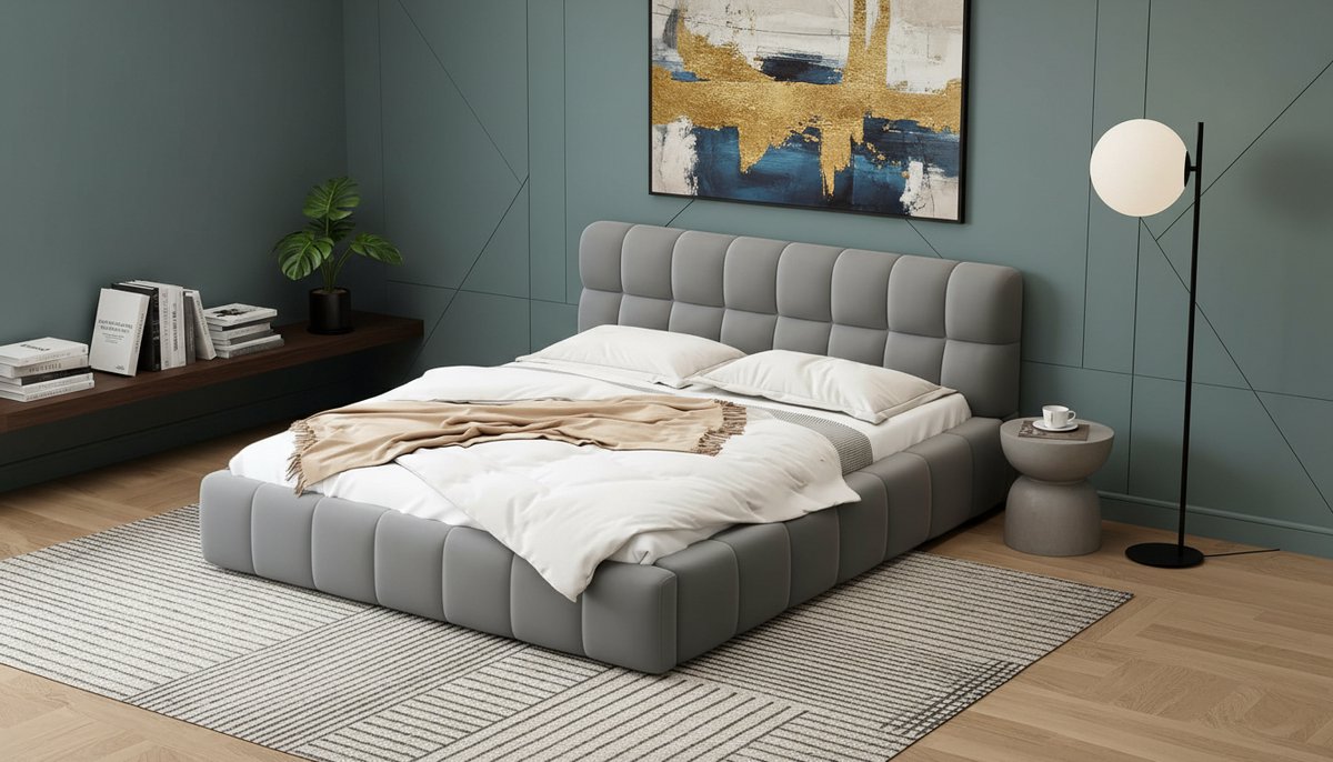 Gestoffeerd Tweepersoonsbed 140x190 met Lattenbodem en Zachte Rugleuning – Modern Linnen Bedframe met Verdiept Matrasontwerp – Minimalistisch Slaapkamer Bed zonder Matras – Grijs – Casa Velluto SoftNest Bed