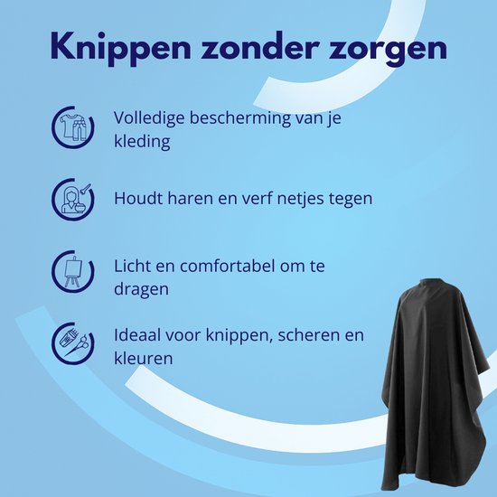 Zwarte kapperscape met iconen die bescherming, netheid en draagcomfort aangeven.