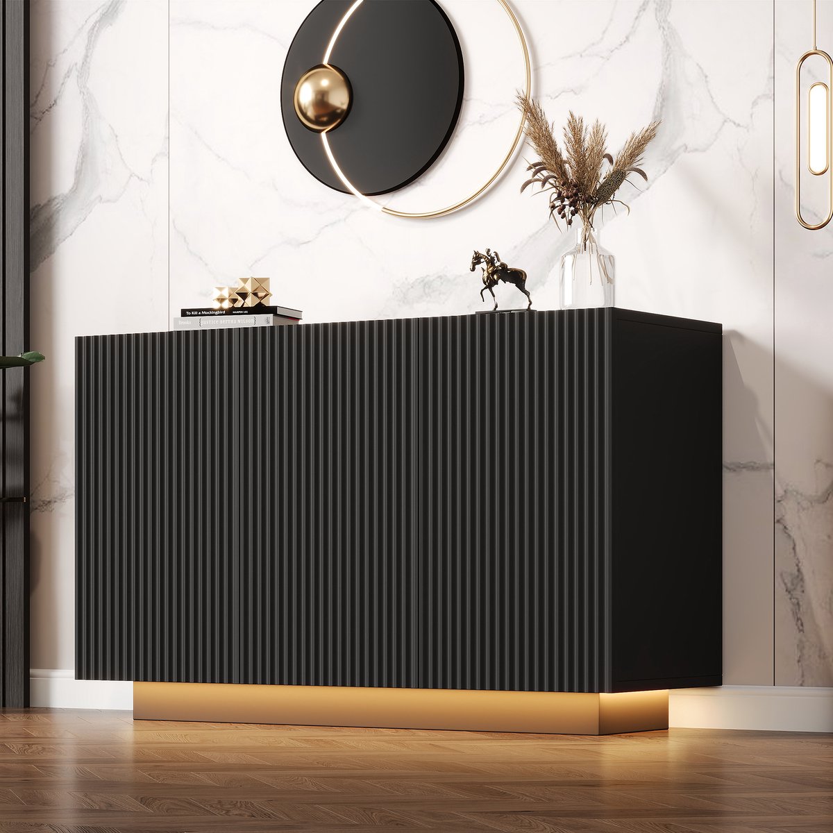 OKWISH Dressoir - Met Ledverlichting - Met Bluetooth Bediening - Voor Woonkamer En Hal - 120x40x75 Cm - MDF - Zwart Met Marmerdecor
