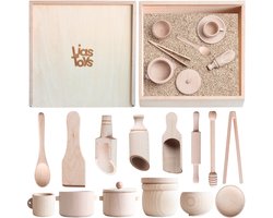Houten Sensory Speelbak met accessories - 45x45 cm - Speelbak met deksel - Houten Bak - Sensory Play - Open einde spel - Montessori Speelgoed