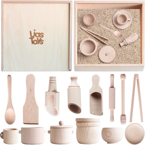 Houten Sensory Speelbak met accessories - 45x45 cm - Speelbak met deksel - Houten Bak - Sensory Play - Open einde spel - Montessori Speelgoed