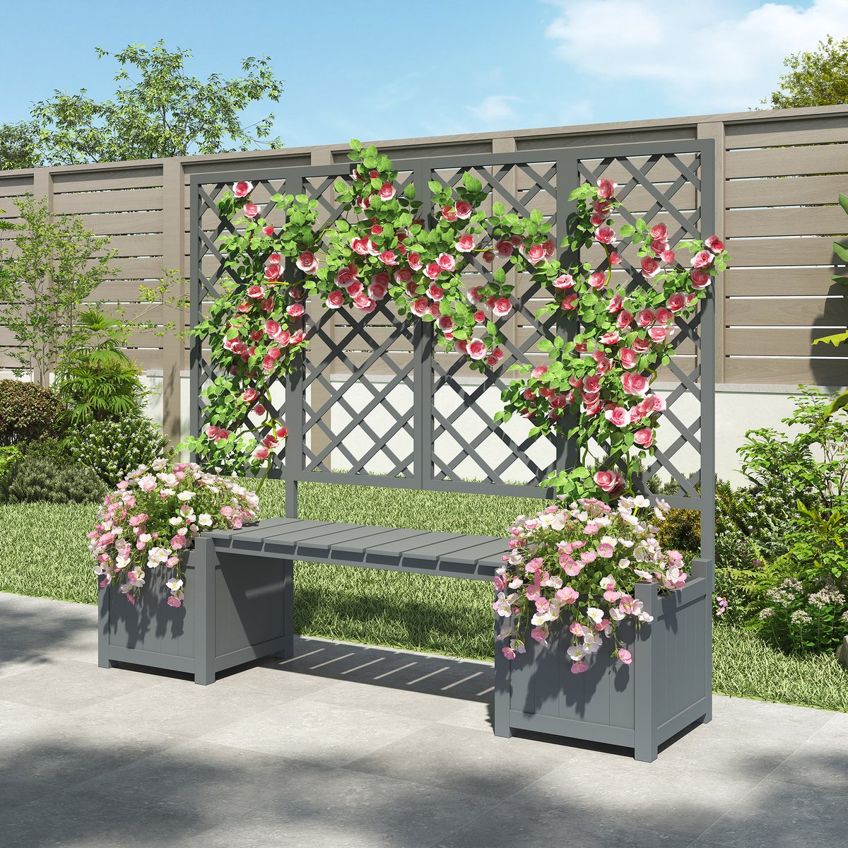REDOM - Plantenbak Met Trellis En Zitbank - Massief Dennenhout - Grijs - 169 x 145 x 42 cm