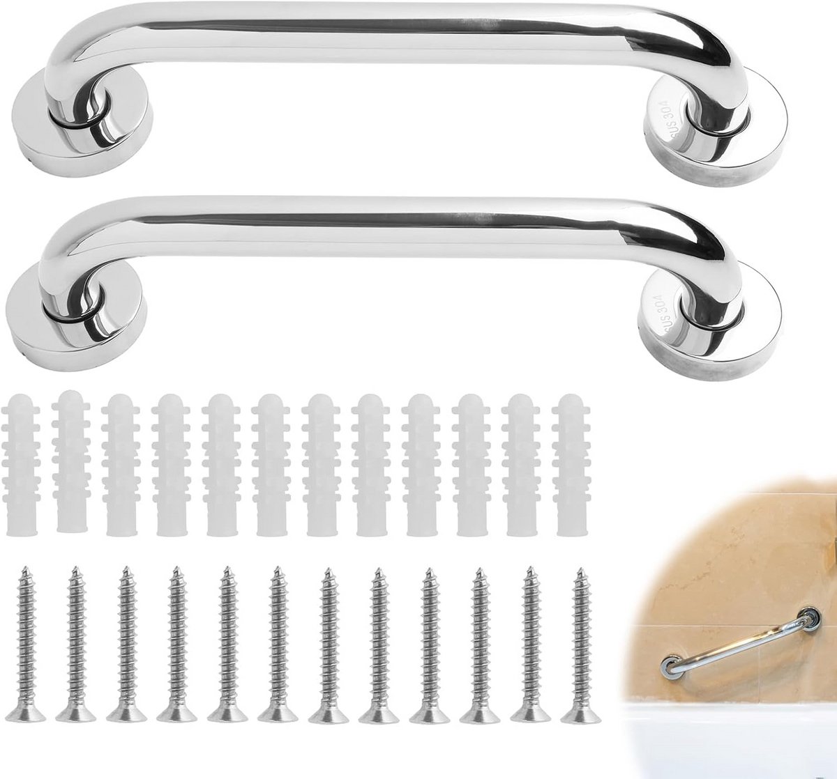 Wc-steunstangen set van 2 - 30 cm roestvrij staal, antislip veiligheidsgrepen voor badkamer en toilet