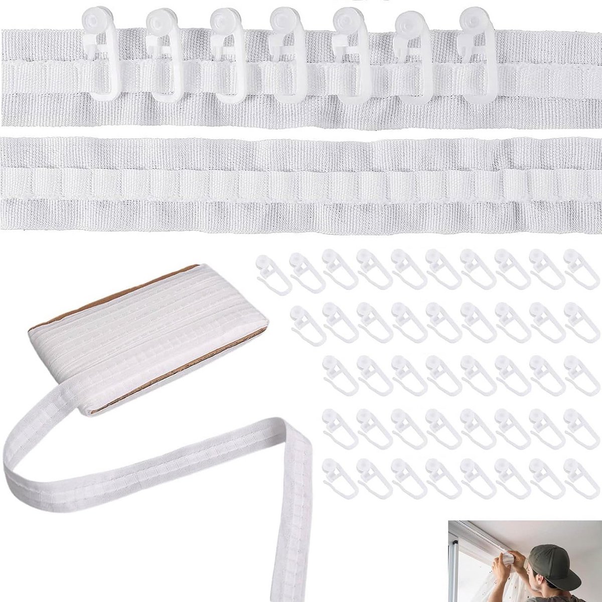 Gordijnband met Vouwband, 30 m x 2.5 cm, Inclusief 50 Haakjes voor Gordijnen en Douchesche