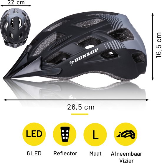 Casque de vélo Dunlop - Réglable de 58 à 61 CM - Taille L - avec LED- Siècle des Lumières - Mode 3 lumières - Zwart