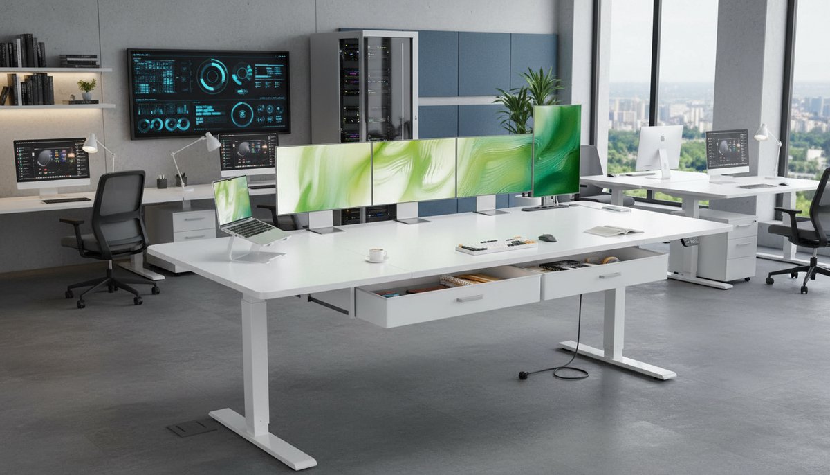 Electric Desk Casa Velluto ErgoMaster 200x80 cm – Elektrisch Zit Sta Bureau met 2 Afneembare Laden, 2 Geheugenfuncties, Geïntegreerd Stopcontact & USB-C Poort – Wit – Ergonomisch Bureau voor Thuis, Kantoor en Gaming