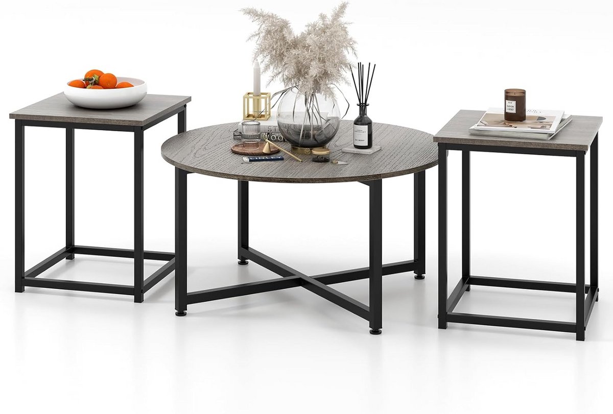 Set van 3 moderne salontafels met ijzeren frame en verstelbare poten