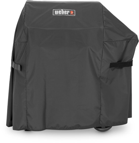 Zwarte Weber grillhoes met klittenband aan de zijkant en logo.