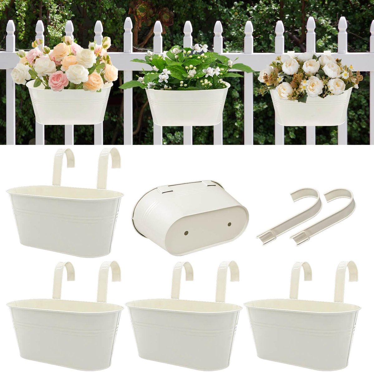 5-delige Set Hangende Bloempotten - Van Wit Metaal - Met Afneembare Haken en Drainageloch - Voor Balkon, Balustrade en Binnen & Buiten - 27,3 cm x 13,5 cm x 11,9 cm