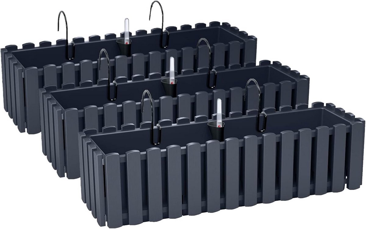 Set van 3 Bloembakken met Beugels - 58 x 18 x 16,2 cm - Irrigatiesysteem voor Balkon en Terras