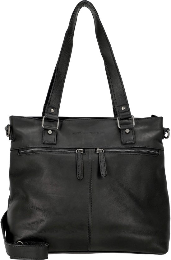 Zwarte lederen tas met twee ritsvakken aan de voorkant, handvatten en schouderband.