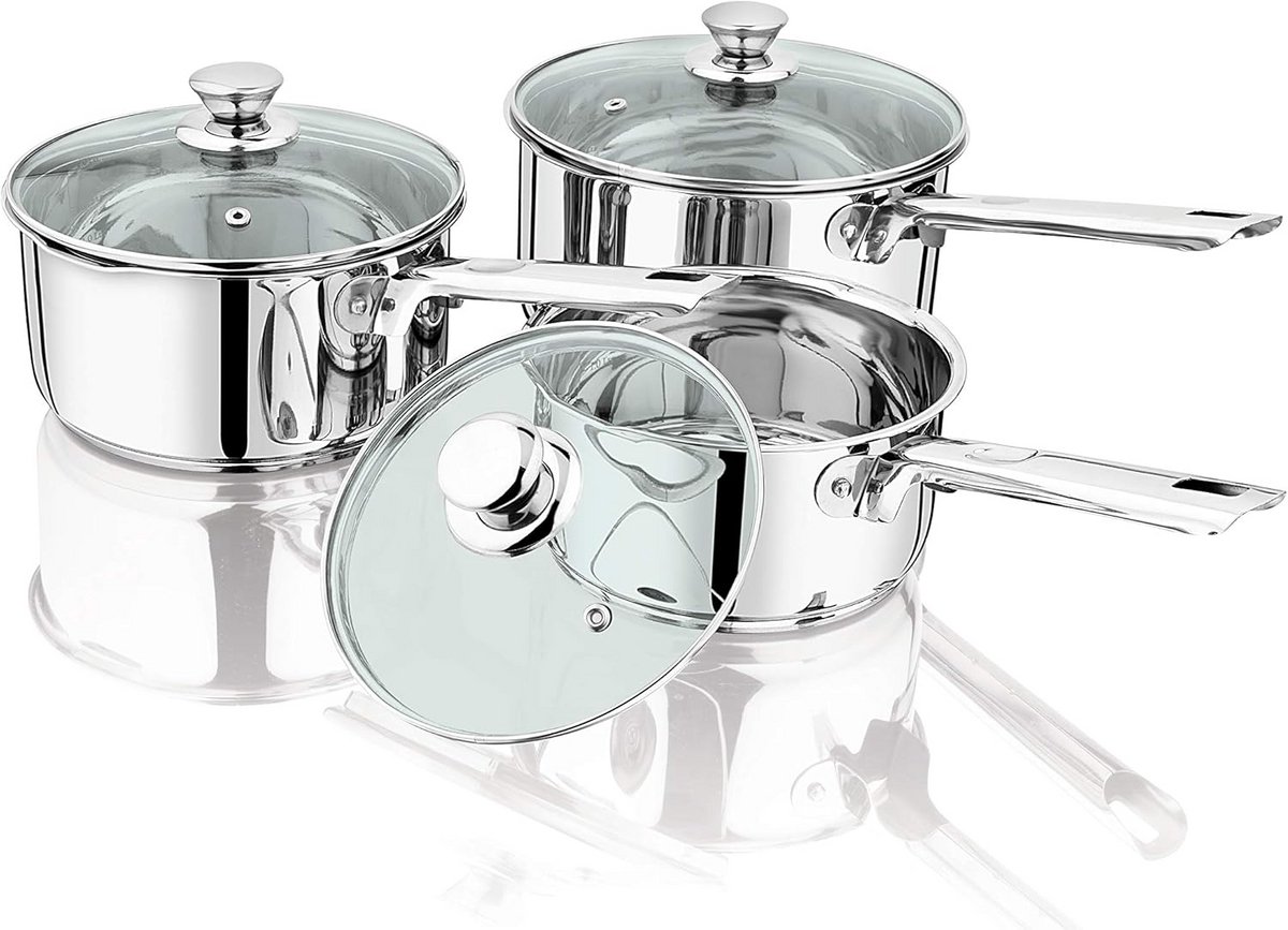 RVS Steel Pannen Set met Glazen Deksel - 3 Delige Steelpan Set