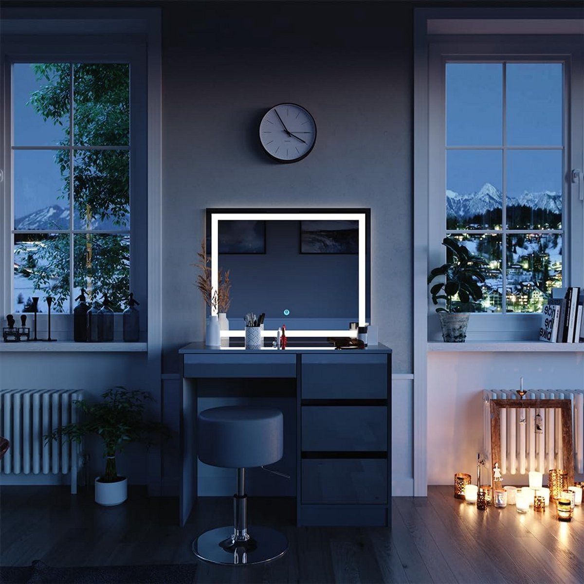 Kaptafel Set met LED Spiegel en Kruk Hoogglans Grijs