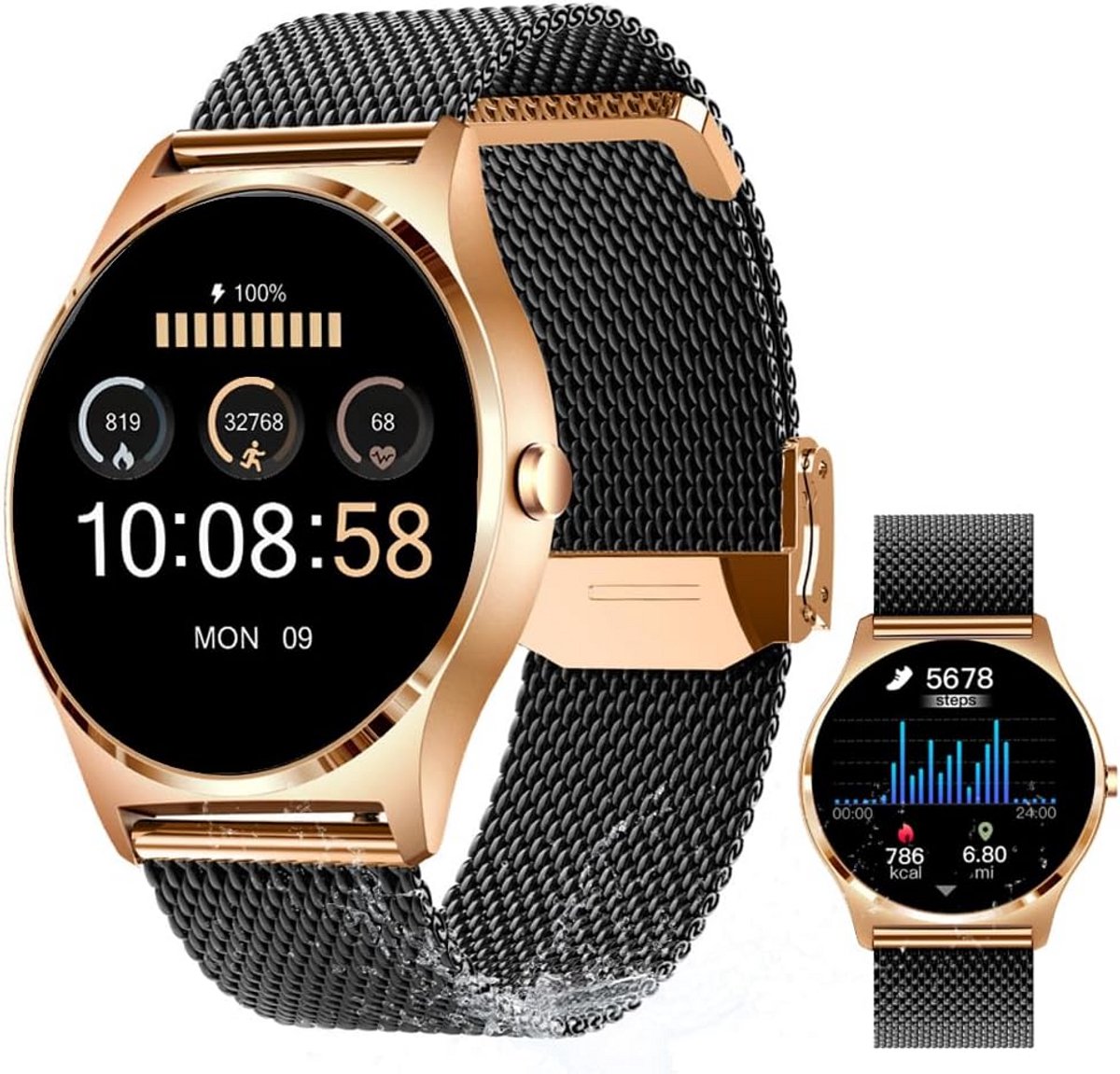 Dames Smartwatch met AMOLED Scherm - Stappenteller, Hartslag & Bloeddrukmeter - IP68 Waterdicht