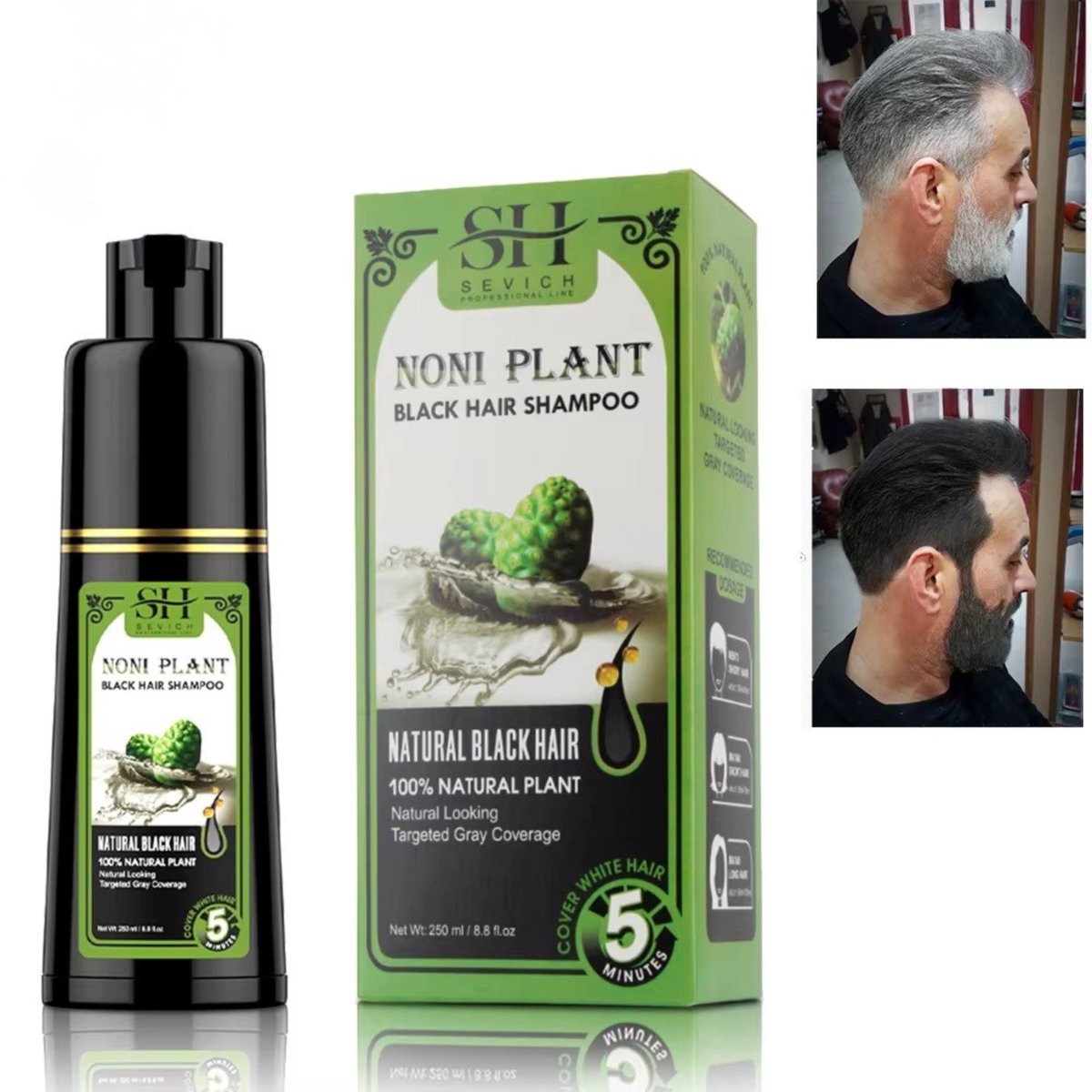 SEVICH Noni Plant Black Hair Shampoo 250ml – Natural Black Hair – 5 Minutes Gray Coverage – Zwarte Haarverf Shampoo – Grijsdekking