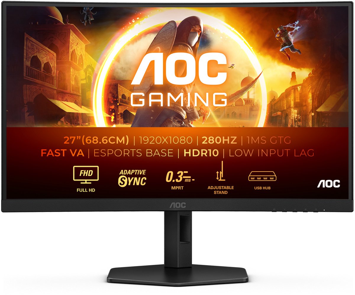 AOC C27G4ZXU - Full HD Curved Monitor - Speakers - USB-Hub - Ergonomisch - 280hz - 0.3ms - 27 inch