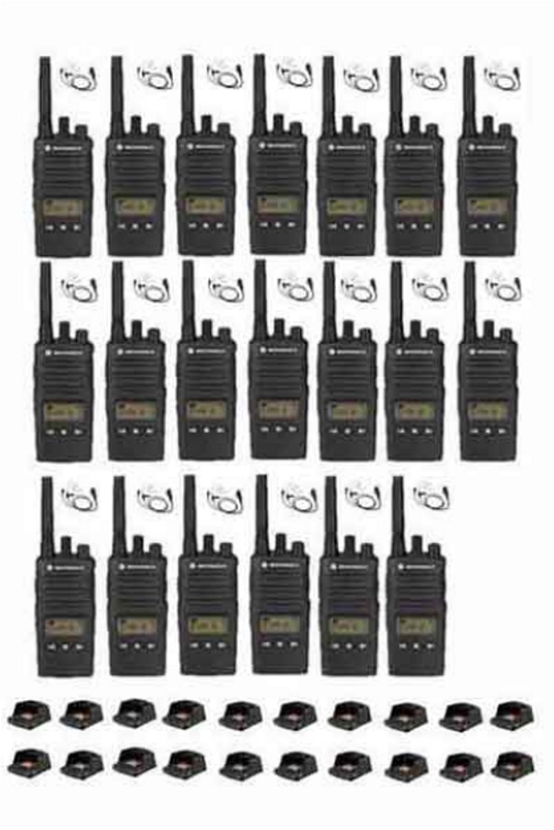 Set van 20 Motorola XT460 IP55 PMR446 met beveiliging oortje M1 2-Pins en tafellader