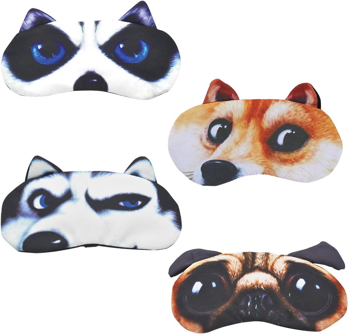 Set van 4 Zachte Slaapmaskers met Dierenprint - Verstelbaar en Ademend voor Volwassenen en Kinderen