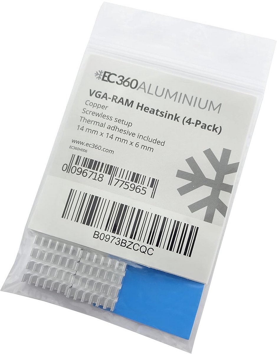 Set van 4 Aluminium Geheugenkoelers voor RAM en Componenten (14x14x6 mm)