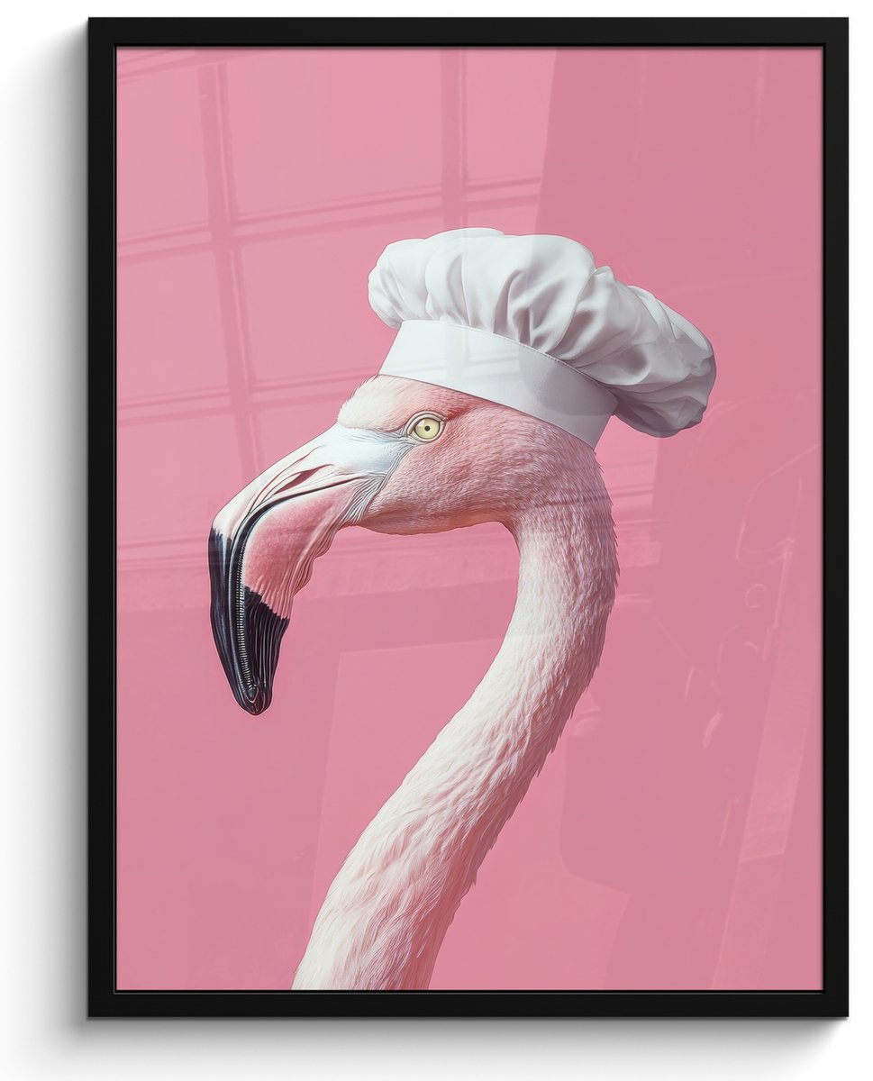 FrameYourWall Fotolijst inclusief poster - Posterlijst 50x70 cm - Posters - Flamingo - Roze - Koksmuts - Vogel - Foto in lijst - Keuken decoratie muur - Wanddecoratie accessoires - Muurdecoratie - Schilderijen Koksmuts - Flamingo