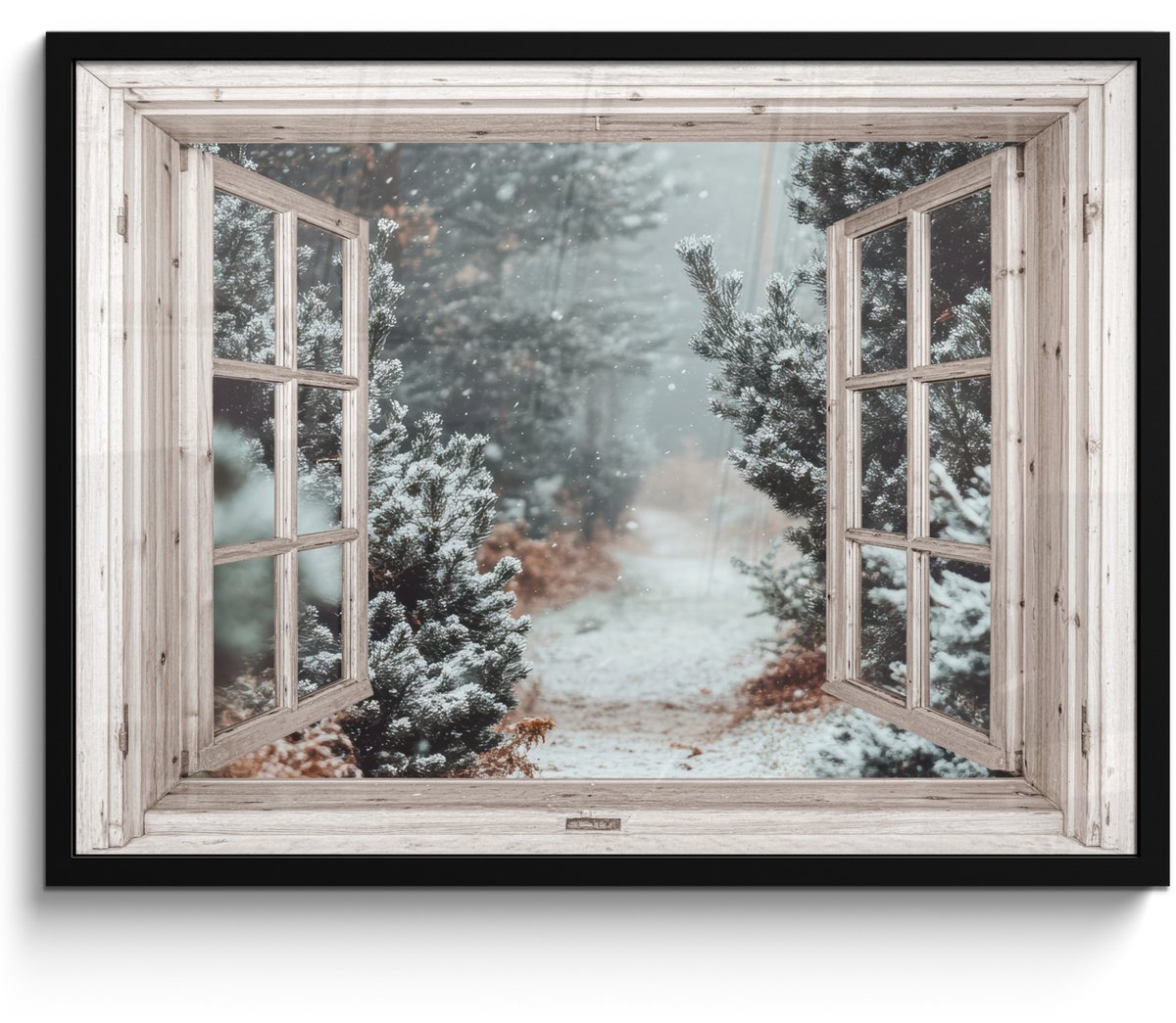 FrameYourWall Poster in lijst - Fotolijst 70x50 cm - Posters - Bos - Winter - Bomen - Natuur - Pad - Doorkijk - Wit - Posterlijst zwart - Decoratie - Wanddecoratie woonkamer - Muurdecoratie slaapkamer Bospad