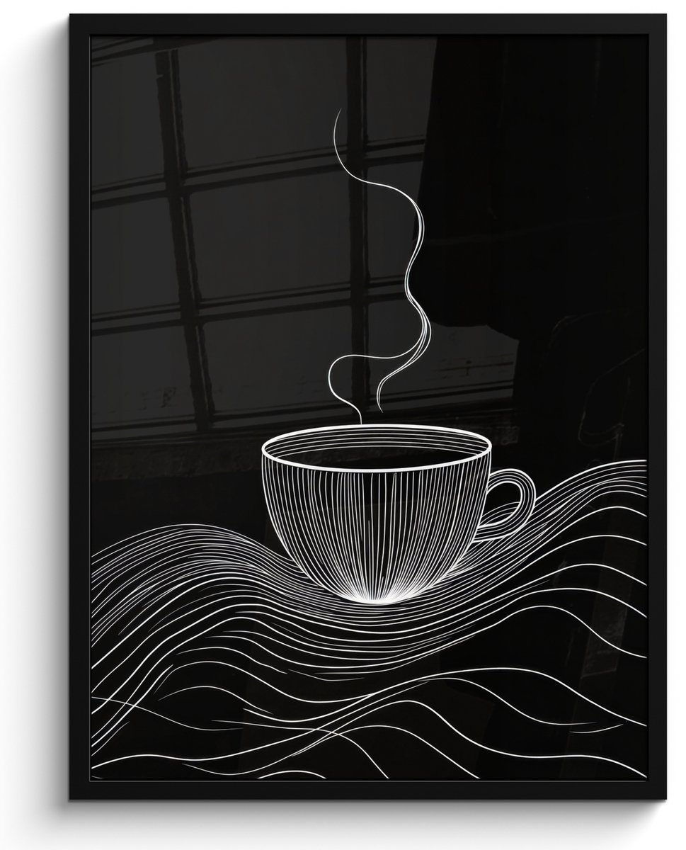 FrameYourWall Fotolijst inclusief poster - Posterlijst 50x70 cm - Posters - Lijntekening - Koffiekop - Zwart - Foto in lijst - Keuken decoratie muur - Wanddecoratie accessoires - Muurdecoratie - Schilderijen