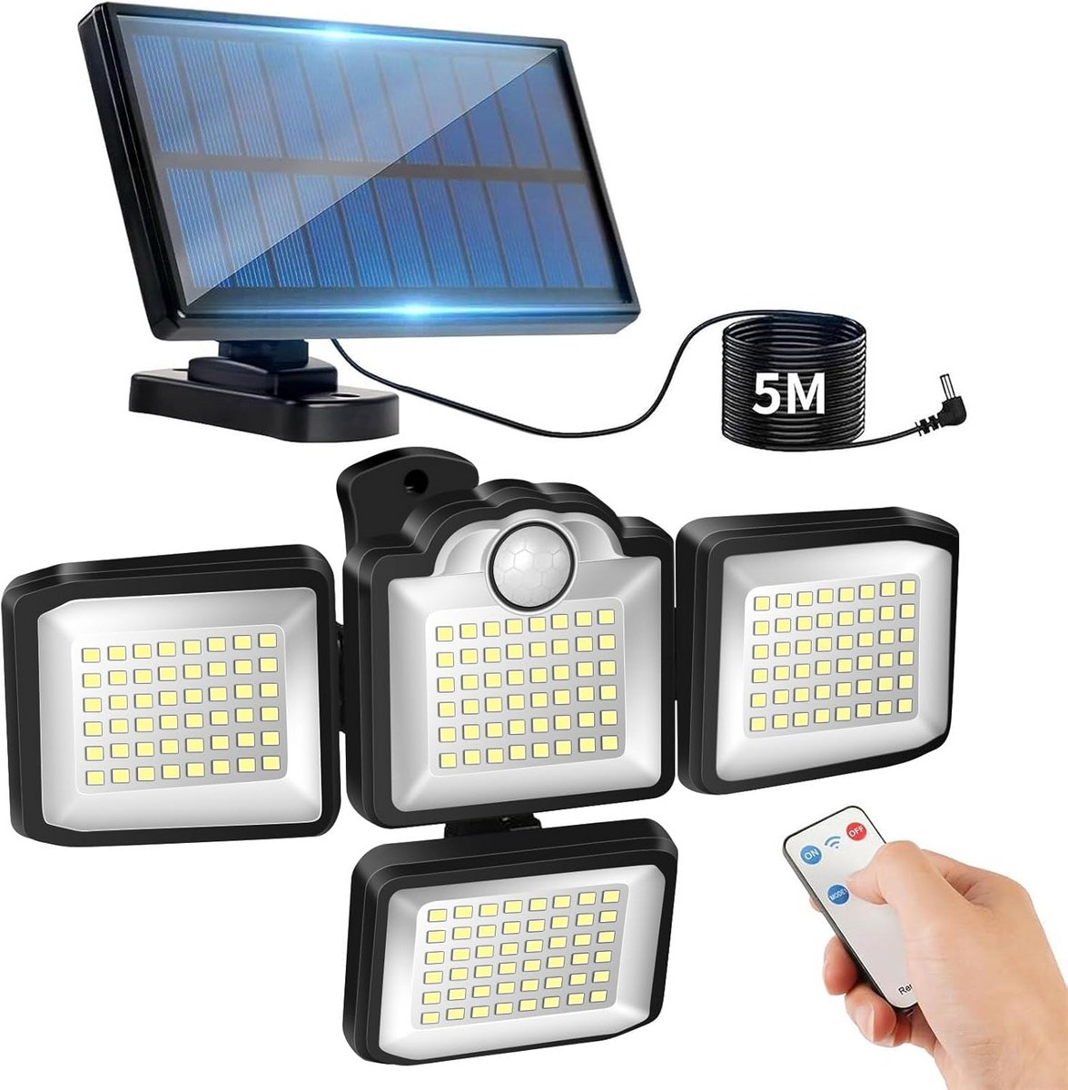 Krachtige Solar Beveiligingslamp met Bewegingssensor - 4 Hoofden - 360° Verstelbaar - IP65 Waterdicht - Incl. Afstandsbediening