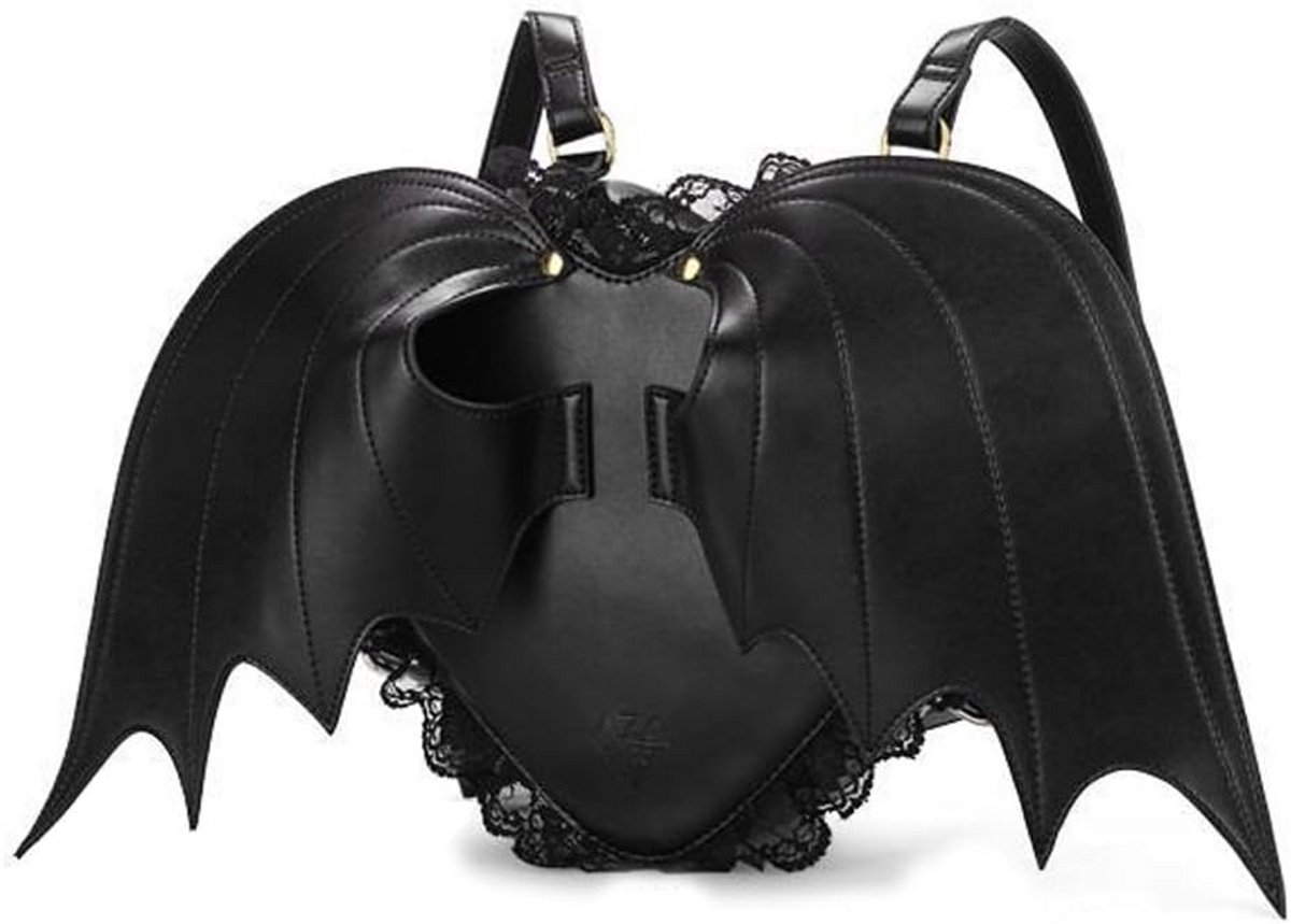 Gothic Bat Wing Hartvormige Rugzak met Kant - Zwarte Lolita Punk Stijl Schoudertas