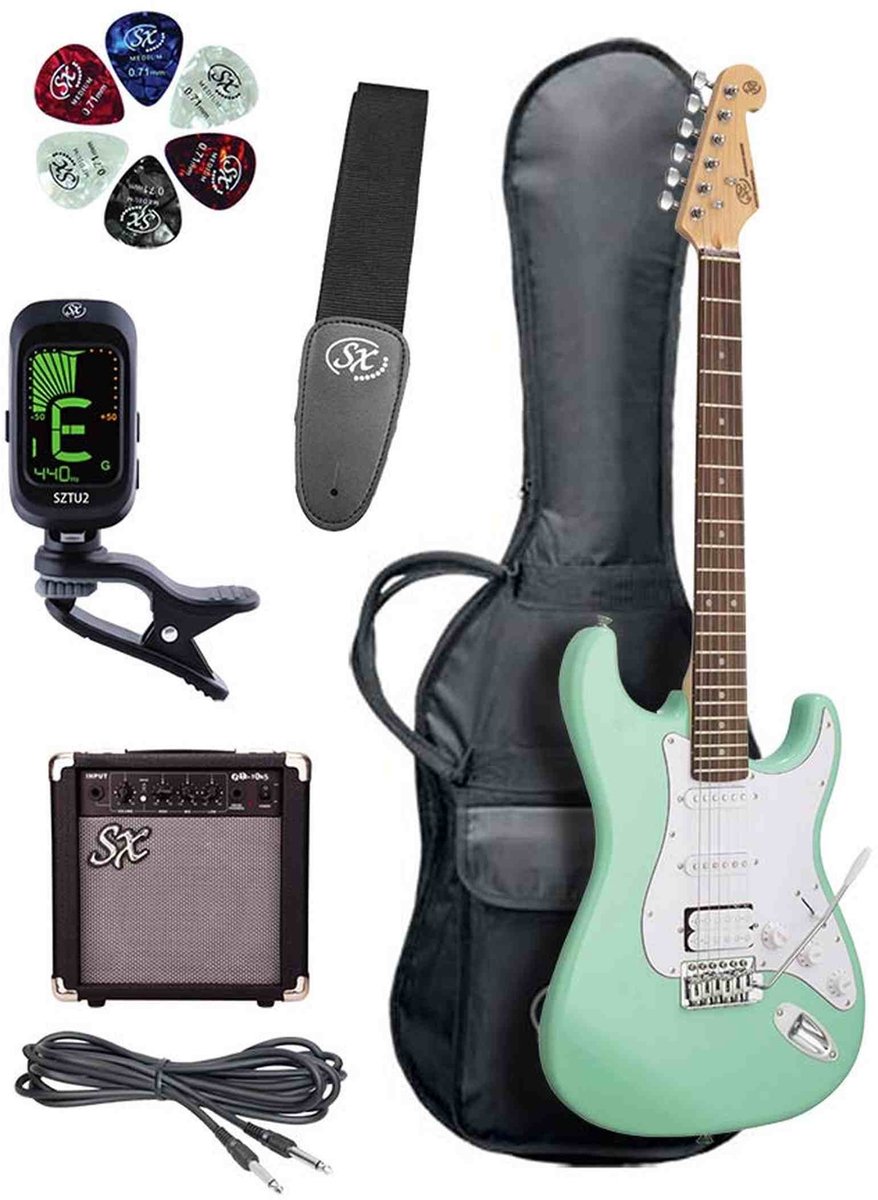SX SE1HSS-SK-SGN ST elektrische gitaar set 4/4 HSS Surf Green met 10W versterker