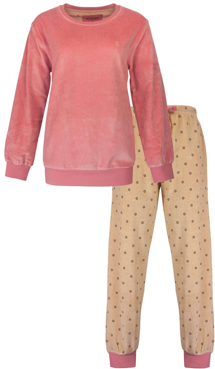 Irresistible Dames Pyjama - Lange Mouwen - Rond hals - Velours - Roze