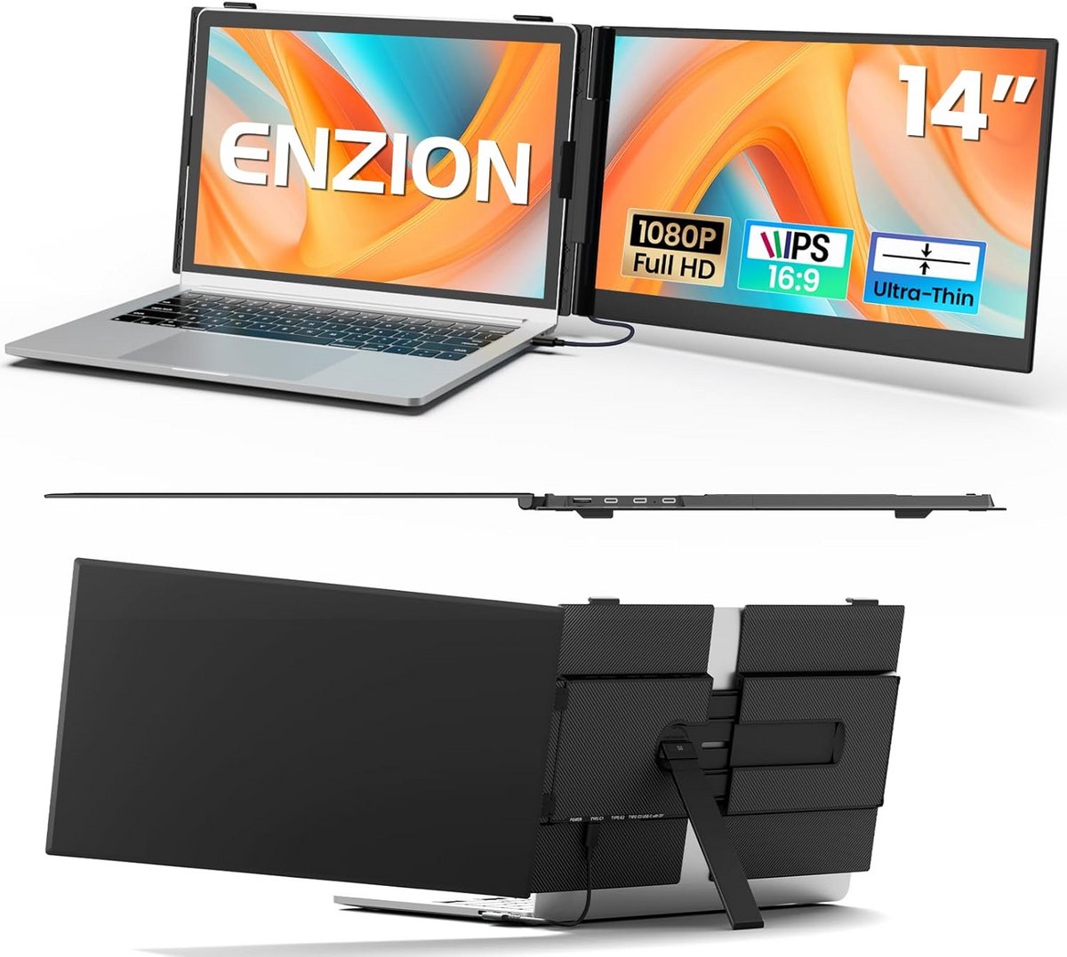 Draagbare Monitor voor Laptops - 14 inch FHD 1080p Full HD Schermuitbreiding - Ultradun & Lichtgewicht - Plug & Play voor 13-17 Inch Laptops (Mac/Windows/Chrome)