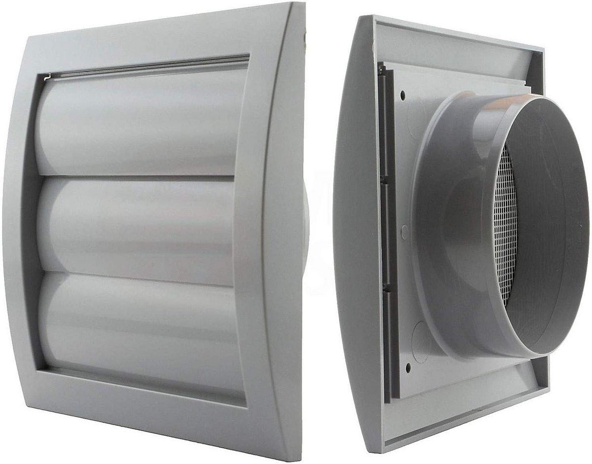 Ventilatierooster met Zwaartekrachtlamellen en Insectennet - Ø 125 mm - Grijs