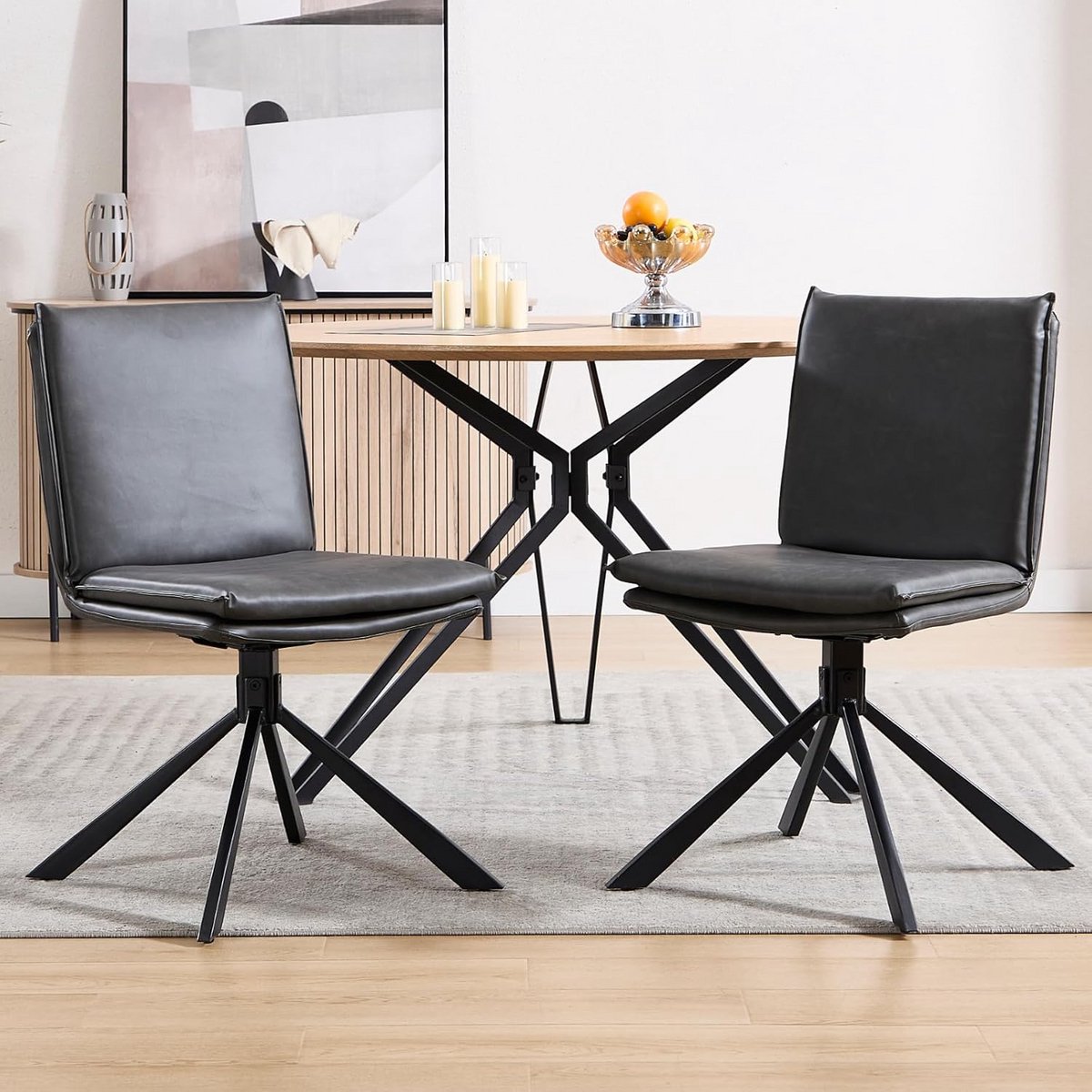 Set van 2 Draaibare Eetkamerstoelen met PU Leer Bekleding en Metalen Poten - Moderne Zitst