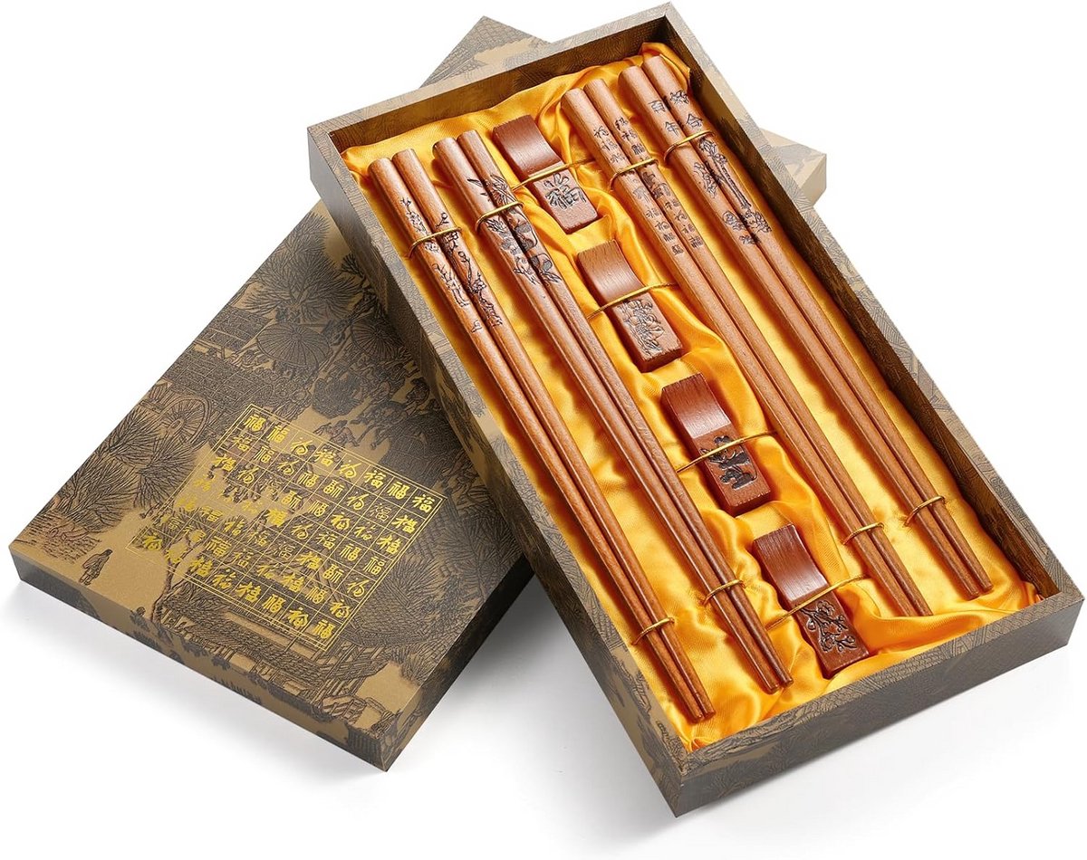 4 Paar Herbruikbare Houten Eetstokjes Set met Houder en Etui - Vaatwasmachinebestendig