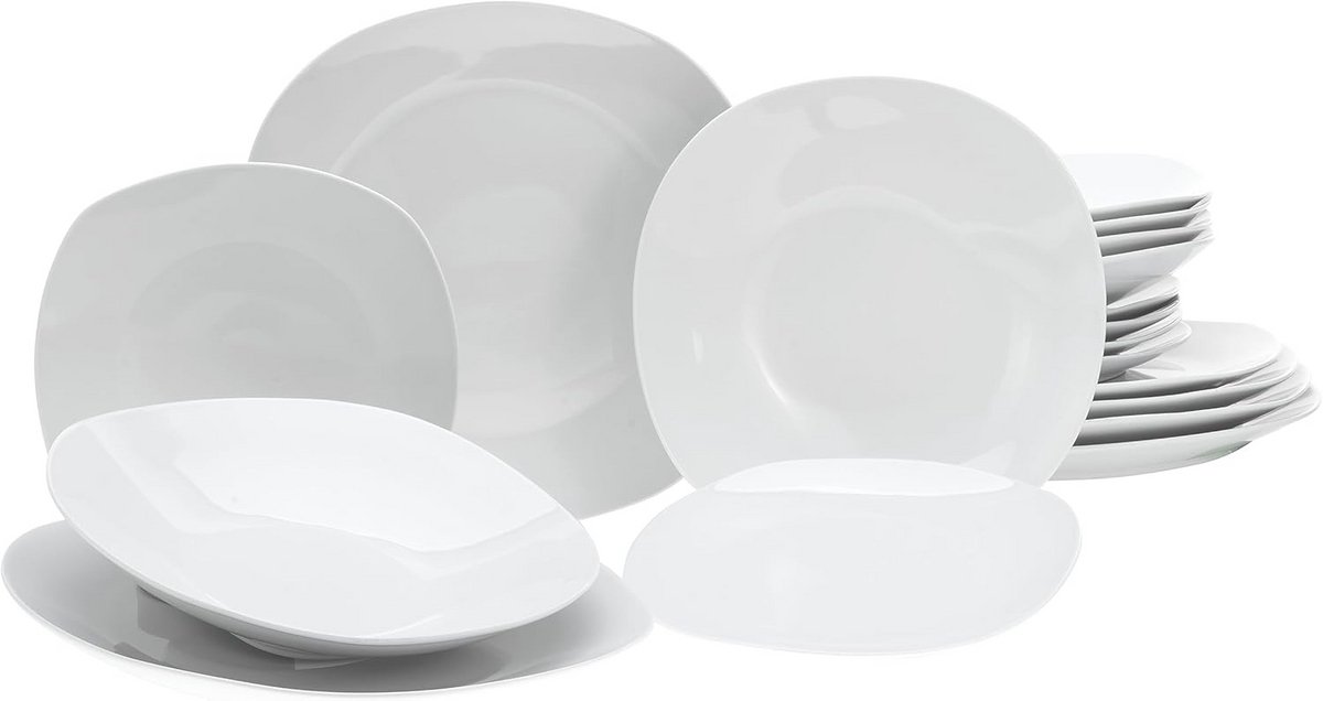Porcelain 18-Delig Tafelservies Vierkant Wit - Porseleinen Bordenset Vaatwasser & Magnetron Bestendig - Modern Tafel Service