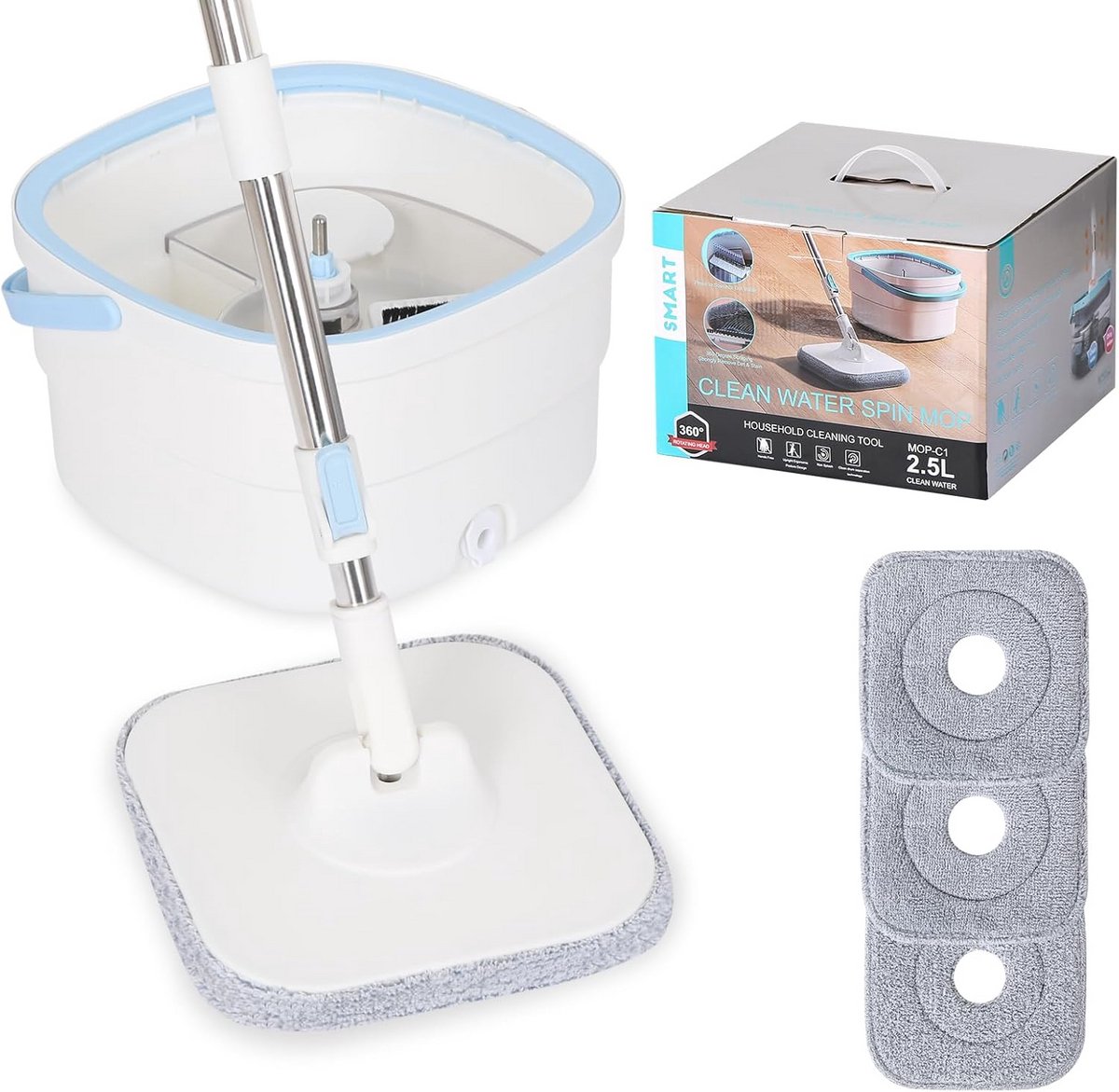 Dweilset met emmer en wringer voor hardhout, laminaat en tegels - 3 microfiber dweilen