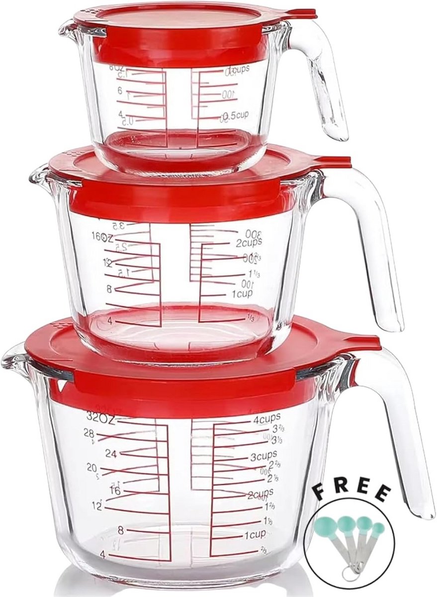 Glass meetbeker set 6 stuks inclusief deksels 250ml 500ml 1000ml