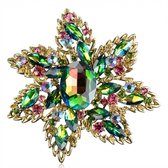 Groenkleurige bloem broche dames – metalen broche met grote bloemvorm en facet geslepen multicolor steentjes – decoratieve speld in vintage stijl voor sjaal, jas of kledingaccessoire