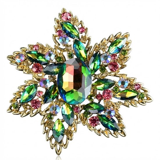 Broche dorée en forme de fleur ornée d'une grande pierre centrale facettée multicolore et de plus petites pierres vertes, roses et bleues.