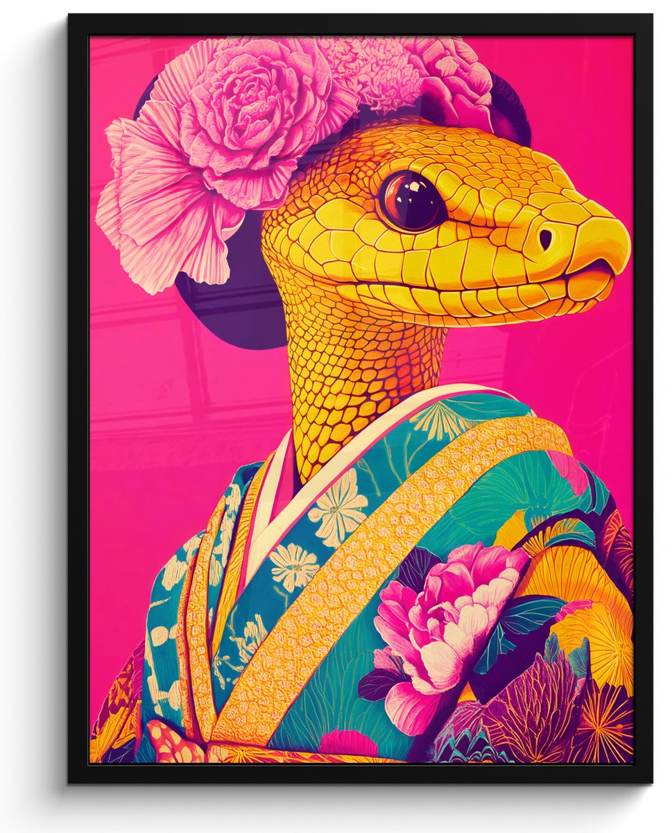 FrameYourWall Poster in lijst - Fotolijst 50x70 cm - Posters - Hagedis - Bloemen - Roze - Kimono - Posterlijst zwart - Decoratie - Wanddecoratie woonkamer - Muurdecoratie slaapkamer
