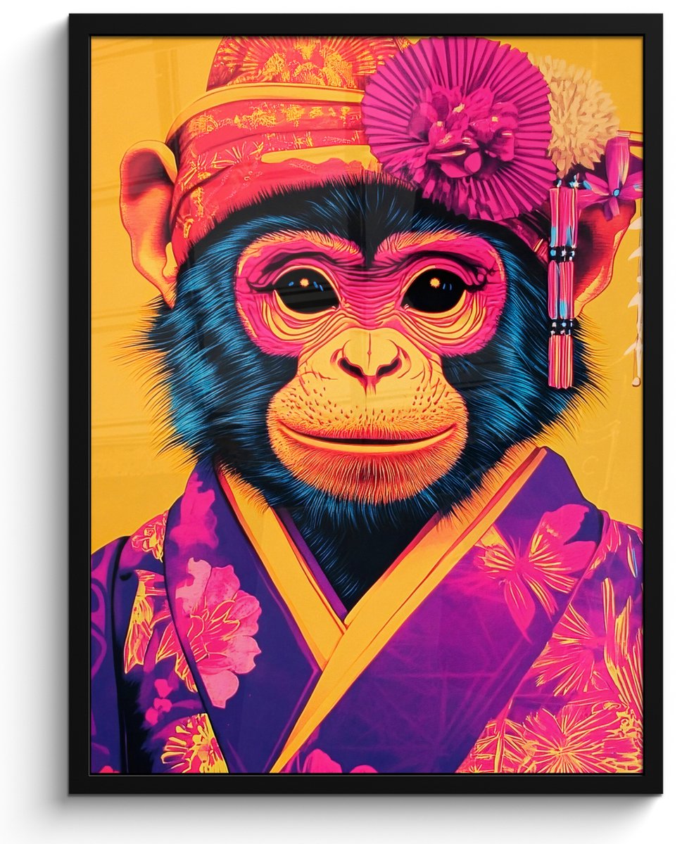FrameYourWall Poster in lijst - Fotolijst 50x70 cm - Posters - Aap - Kimono - Bloemen - Hoofdtooi - Posterlijst zwart - Decoratie - Wanddecoratie woonkamer - Muurdecoratie slaapkamer