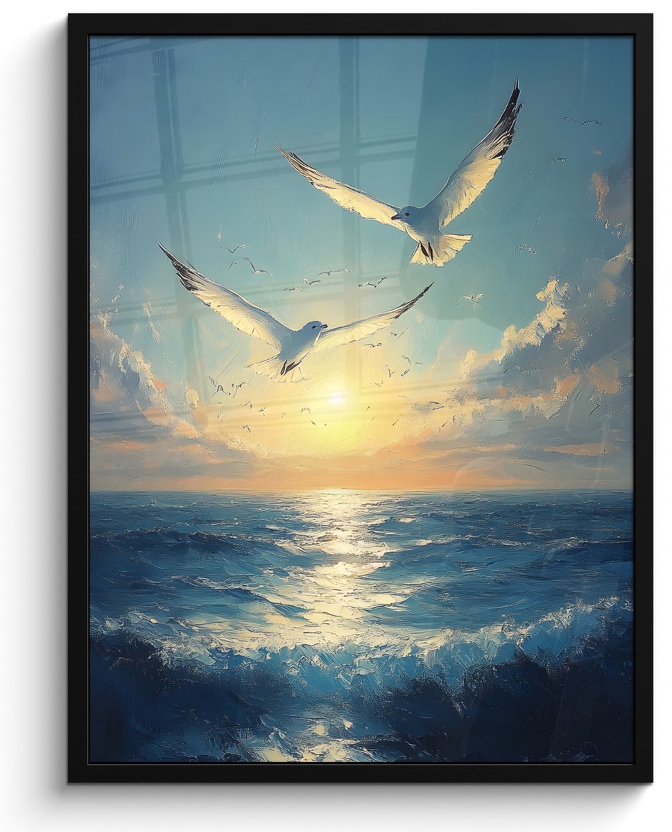 FrameYourWall Poster in lijst - Fotolijst 50x70 cm - Posters - Meeuwen - Zee - Wolken -Blauw - Posterlijst zwart - Decoratie - Wanddecoratie woonkamer - Muurdecoratie slaapkamer Meeuwen - Zee - Zon