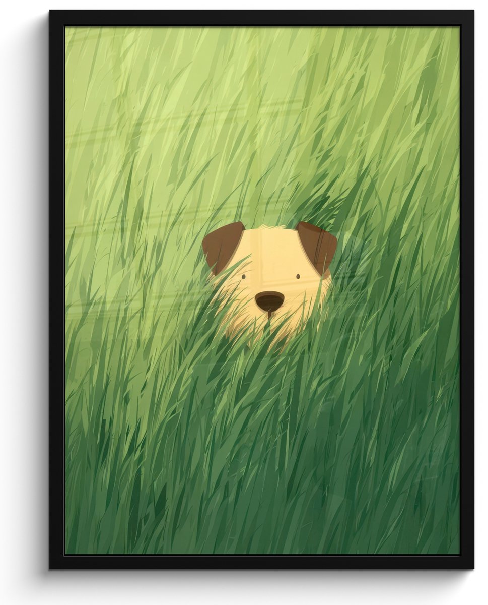 FrameYourWall Poster in lijst - Fotolijst 50x70 cm - Posters - Hondje - Gras - Oren - Bruin - Posterlijst zwart - Decoratie - Wanddecoratie woonkamer - Muurdecoratie slaapkamer - Kerstversiering - Kerstdecoratie voor binnen - Kerstmis