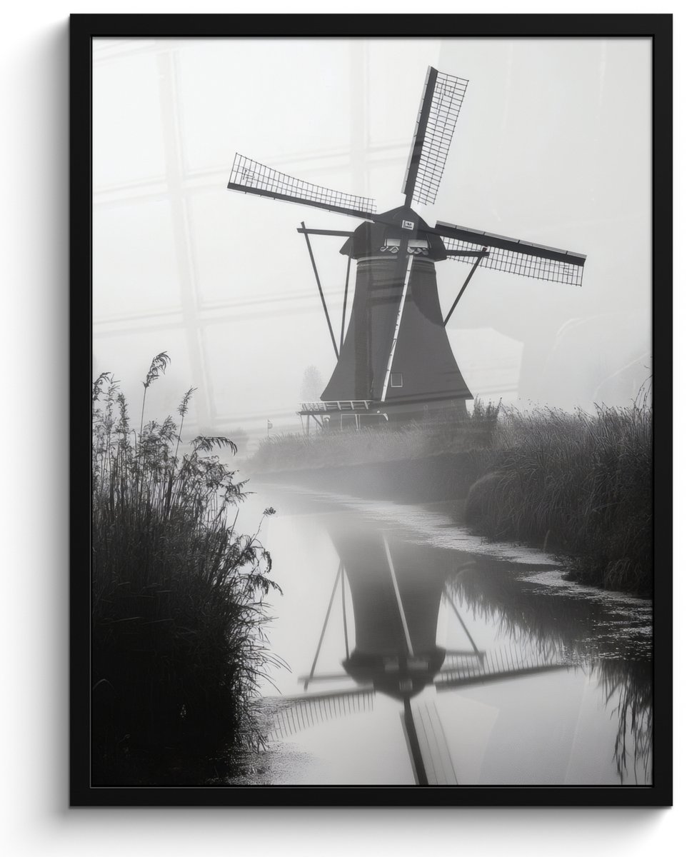 FrameYourWall Poster in lijst - Fotolijst 50x70 cm - Posters - Molen - Weerspiegeling - Landschap - Water - Posterlijst zwart - Decoratie - Wanddecoratie woonkamer - Muurdecoratie slaapkamer Molen - Landschap