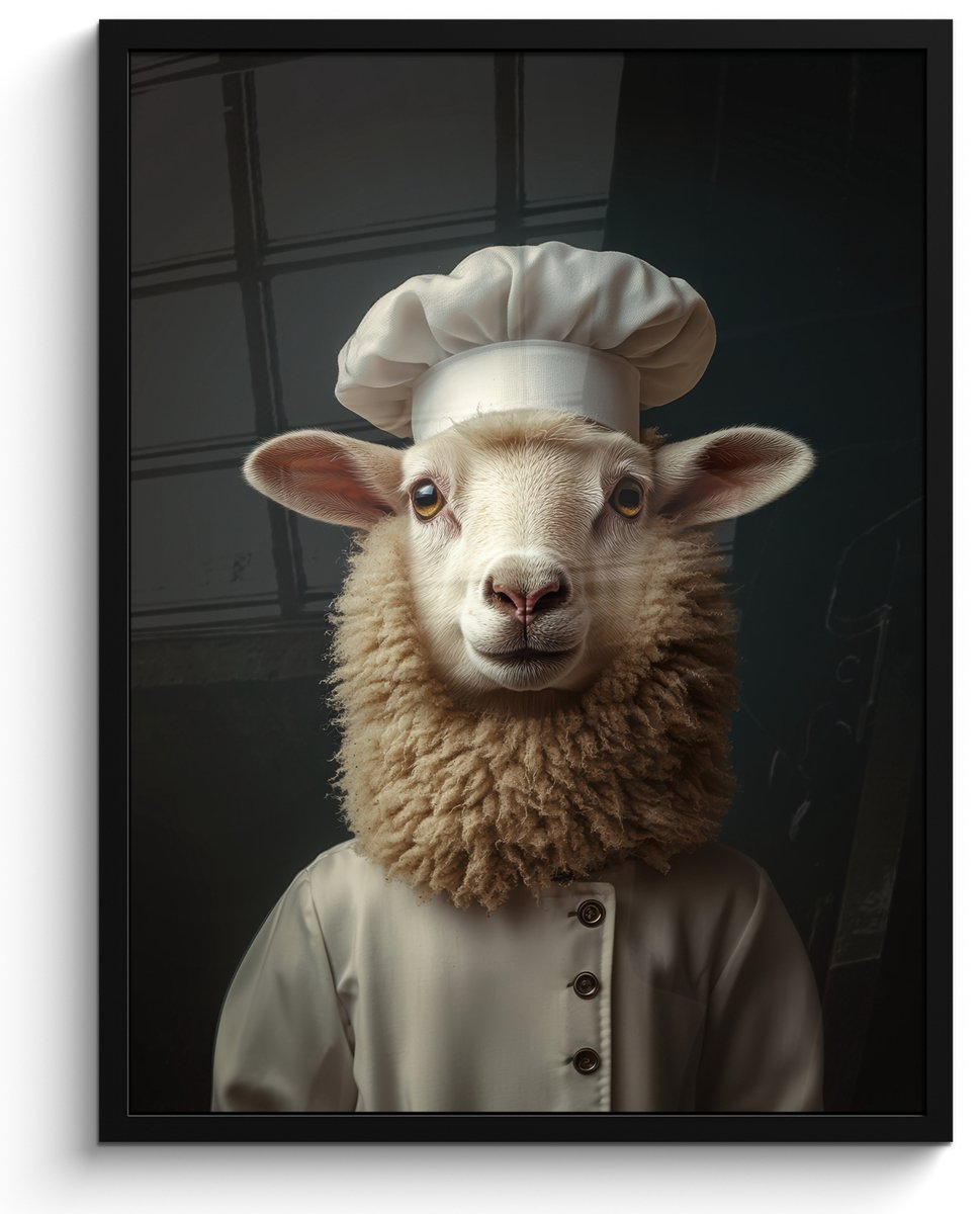 FrameYourWall Poster in lijst - Fotolijst 50x70 cm - Posters - Schaap - Wol - Kok - Posterlijst zwart - Decoratie - Wanddecoratie woonkamer - Muurdecoratie slaapkamer Schaap - Kok