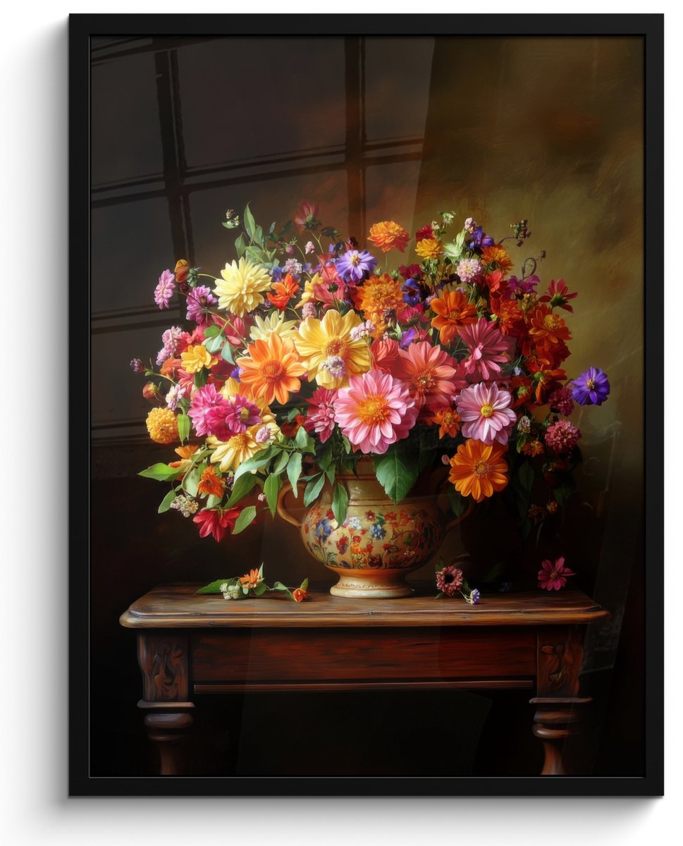 FrameYourWall Poster in lijst - Fotolijst 50x70 cm - Posters - Kleuren - Boeket - Vaas - Hout - Posterlijst zwart - Decoratie - Wanddecoratie woonkamer - Muurdecoratie slaapkamer Bloemen - Kleurrijk